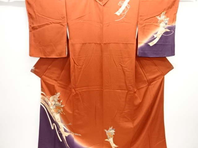 訪問着 蔓草文様 型友禅 金彩 紋意匠 正絹 躾糸付き 暗い茶系 未使用 京友禅 金駒刺繍 本金箔 花柄 訪問着 袷 正絹 グレー 紫